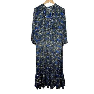 Paani Boho Maxi Dress Women M Blue Floral Modest Cottage Spring Wedding Guest